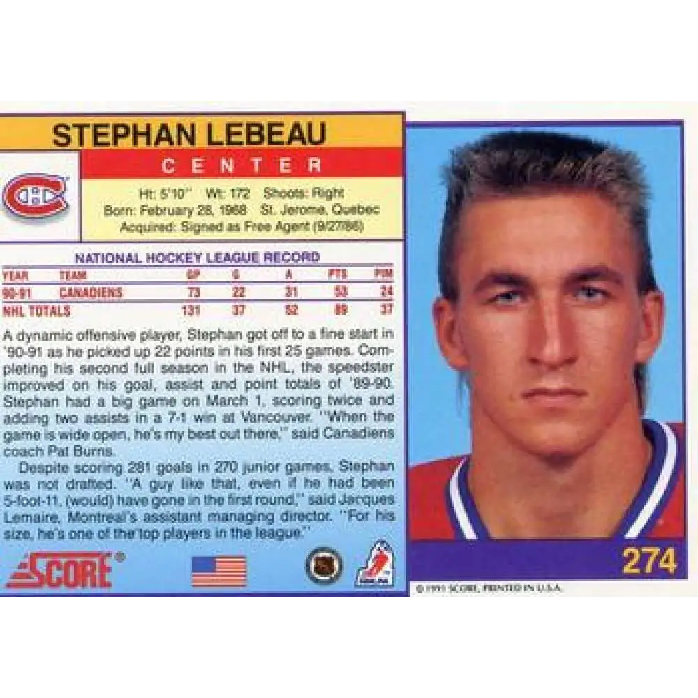 1991-92 Score American #274 Stephan Lebeau NM-MT Montreal Canadiens Hockey Card Image 2