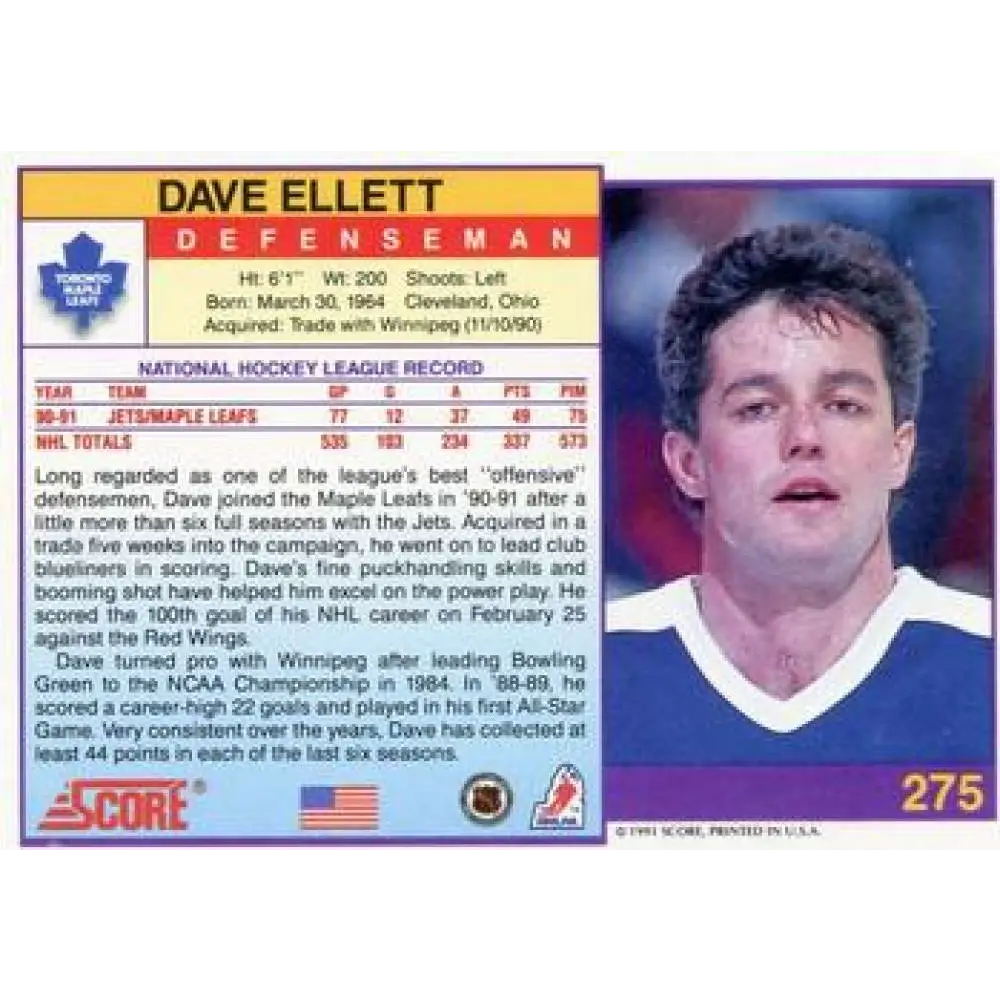 1991-92 Score American #275 Dave Ellett NM-MT Toronto Maple Leafs Hockey Card Image 2