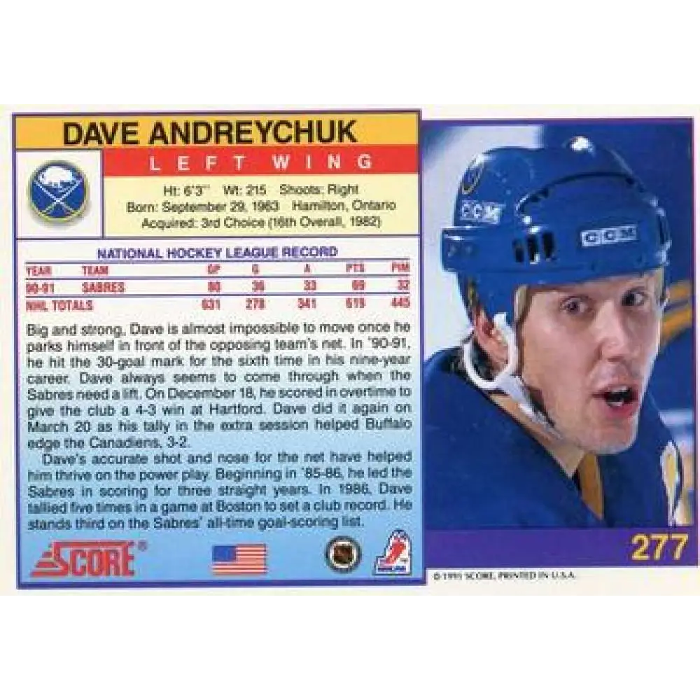 1991-92 Score American #277 Dave Andreychuk NM-MT Buffalo Sabres Hockey Card Image 2