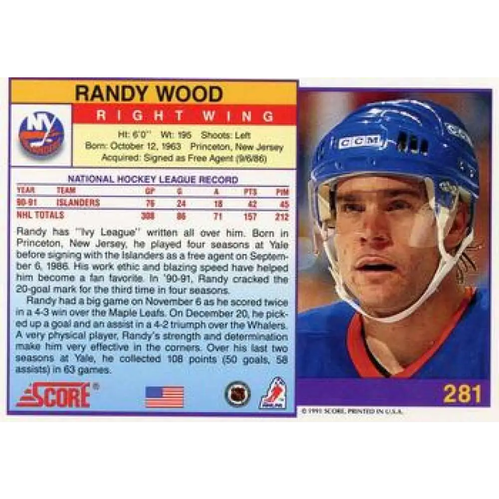 1991-92 Score American #281 Randy Wood NM-MT New York Islanders Hockey Card Image 2