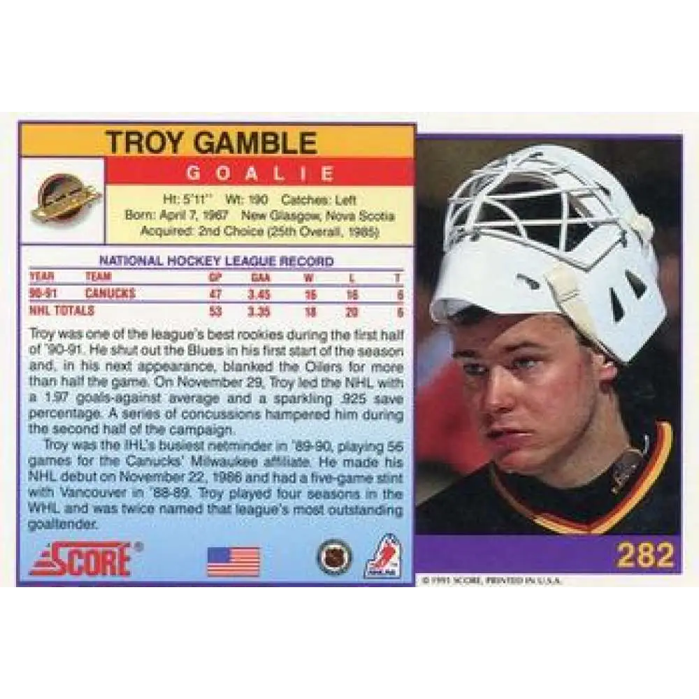 1991-92 Score American #282 Troy Gamble NM-MT Vancouver Canucks Hockey Card Image 2