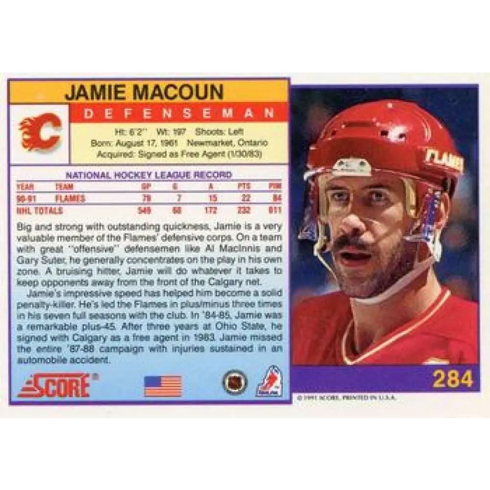 1991-92 Score American #284 Jamie Macoun NM-MT Calgary Flames Hockey Card Image 2