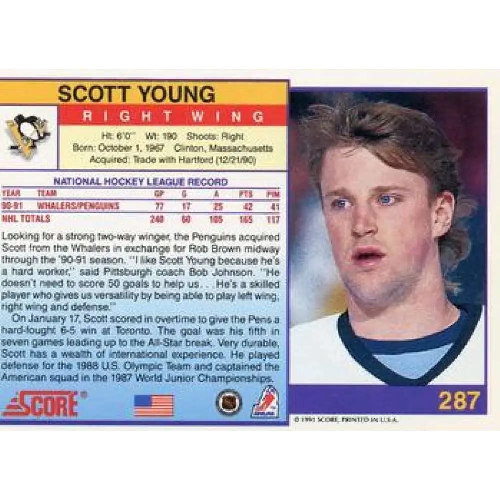 1991-92 Score American #287 Scott Young NM-MT Pittsburgh Penguins Hockey Card Image 2