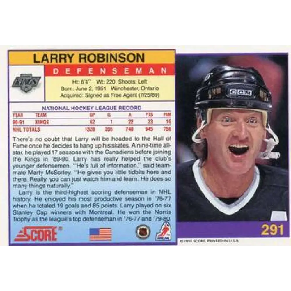 1991-92 Score American #291 Larry Robinson NM-MT Los Angeles Kings Hockey Card Image 2