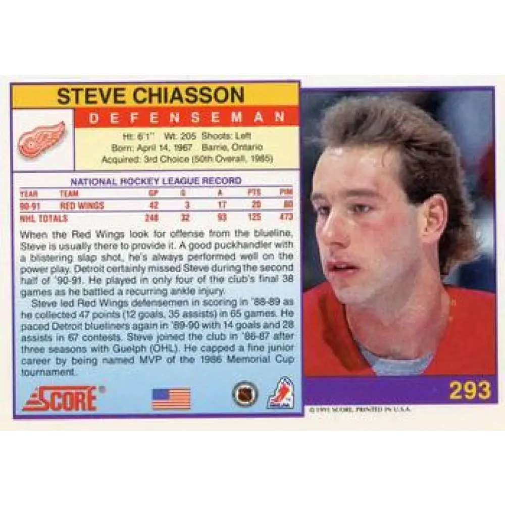 1991-92 Score American #293 Steve Chiasson NM-MT Detroit Red Wings Hockey Card Image 2