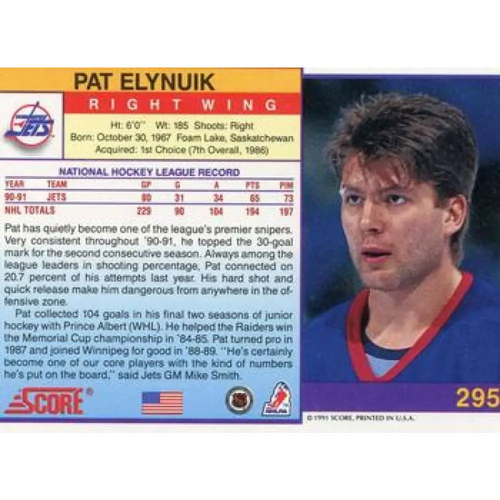 1991-92 Score American #295 Pat Elynuik NM-MT Winnipeg Jets Hockey Card Image 2