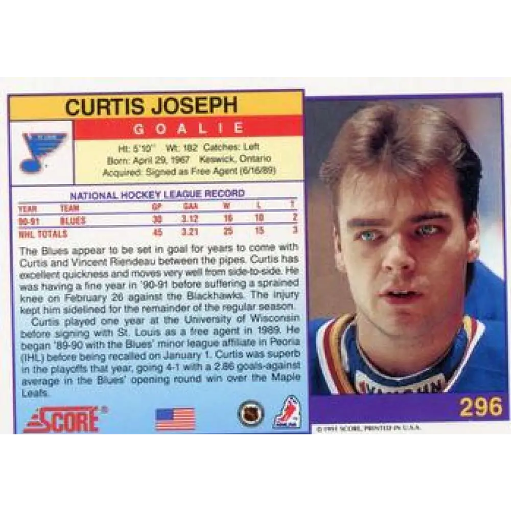 1991-92 Score American #296 Curtis Joseph NM-MT St. Louis Blues Hockey Card Image 2