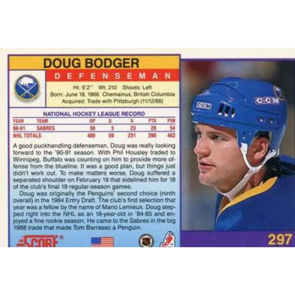1991-92 Score American #297 Doug Bodger NM-MT Buffalo Sabres Hockey Card Image 2
