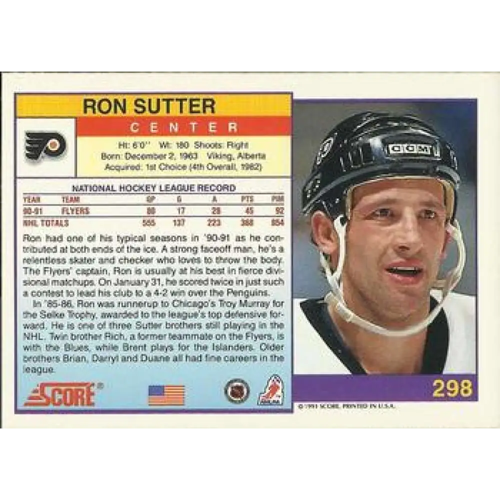 1991-92 Score American #298 Ron Sutter NM-MT Philadelphia Flyers Hockey Card Image 2