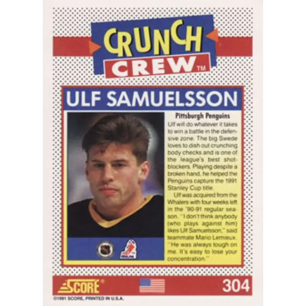 1991-92 Score American #304 Ulf Samuelsson NM-MT Pittsburgh Penguins Hockey Card Image 2