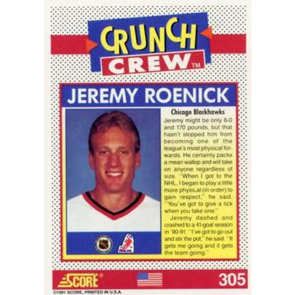 1991-92 Score American #305 Jeremy Roenick NM-MT Chicago Blackhawks Hockey Card Image 2