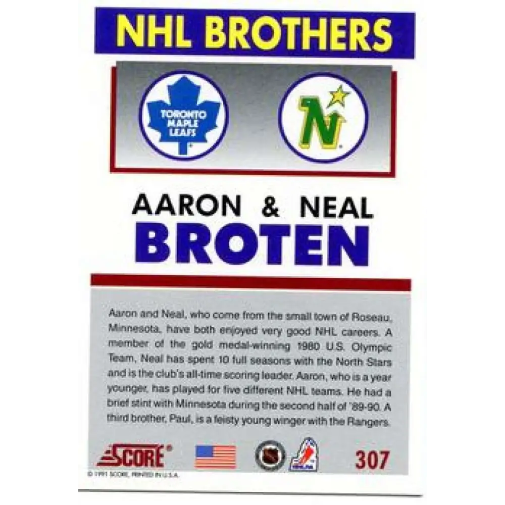 1991-92 Score American #307 Neal Broten/Aaron Broten NM-MT Minnesota North Stars Hockey Card Image 2
