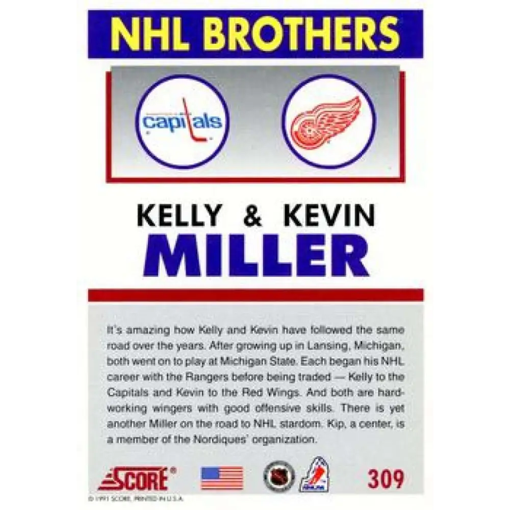 1991-92 Score American #309 Kelly Miller/Kevin Miller NM-MT Washington Capitals Hockey Card Image 2