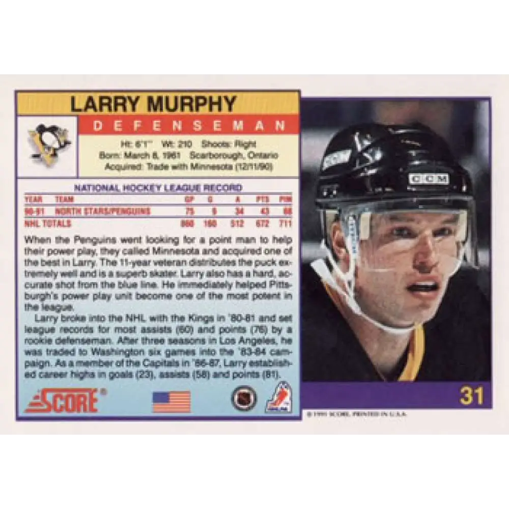1991-92 Score American #31 Larry Murphy NM-MT Pittsburgh Penguins Hockey Card Image 2