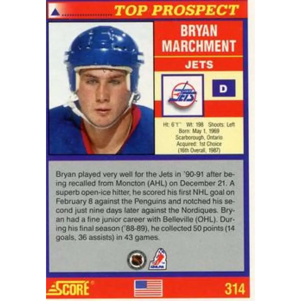 1991-92 Score American #314 Bryan Marchment NM-MT RC Rookie Winnipeg Jets Hockey Card Image 2