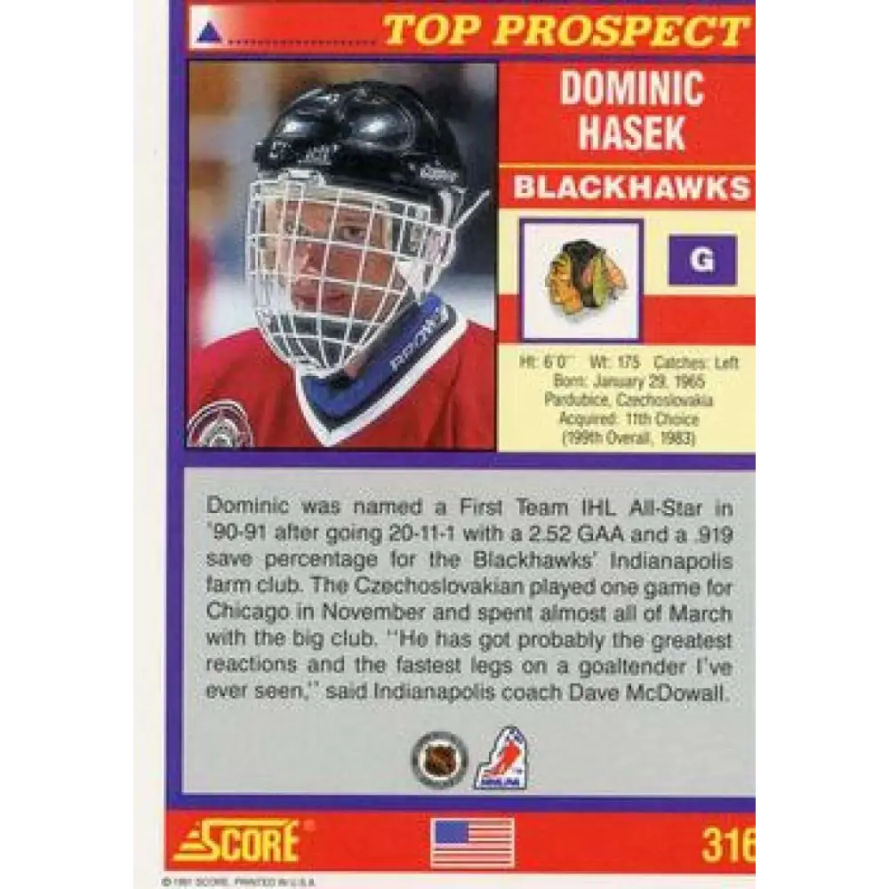 1991-92 Score American #316 Dominik Hasek NM-MT RC Rookie Chicago Blackhawks Hockey Card Image 2