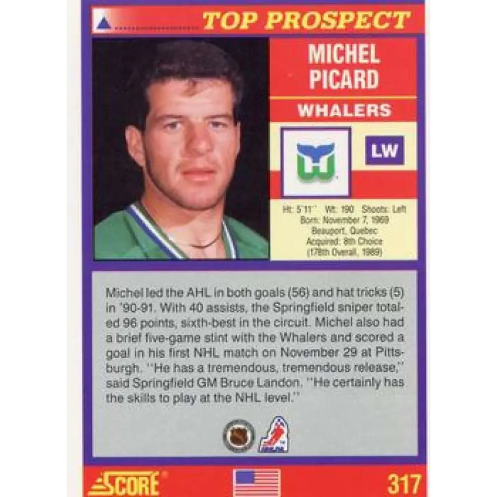 1991-92 Score American #317 Michel Picard NM-MT RC Rookie Hartford Whalers Hockey Card Image 2