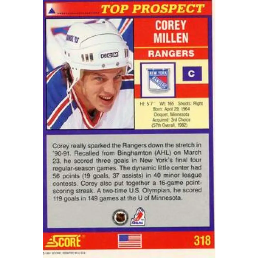 1991-92 Score American #318 Corey Millen NM-MT RC Rookie New York Rangers Hockey Card Image 2