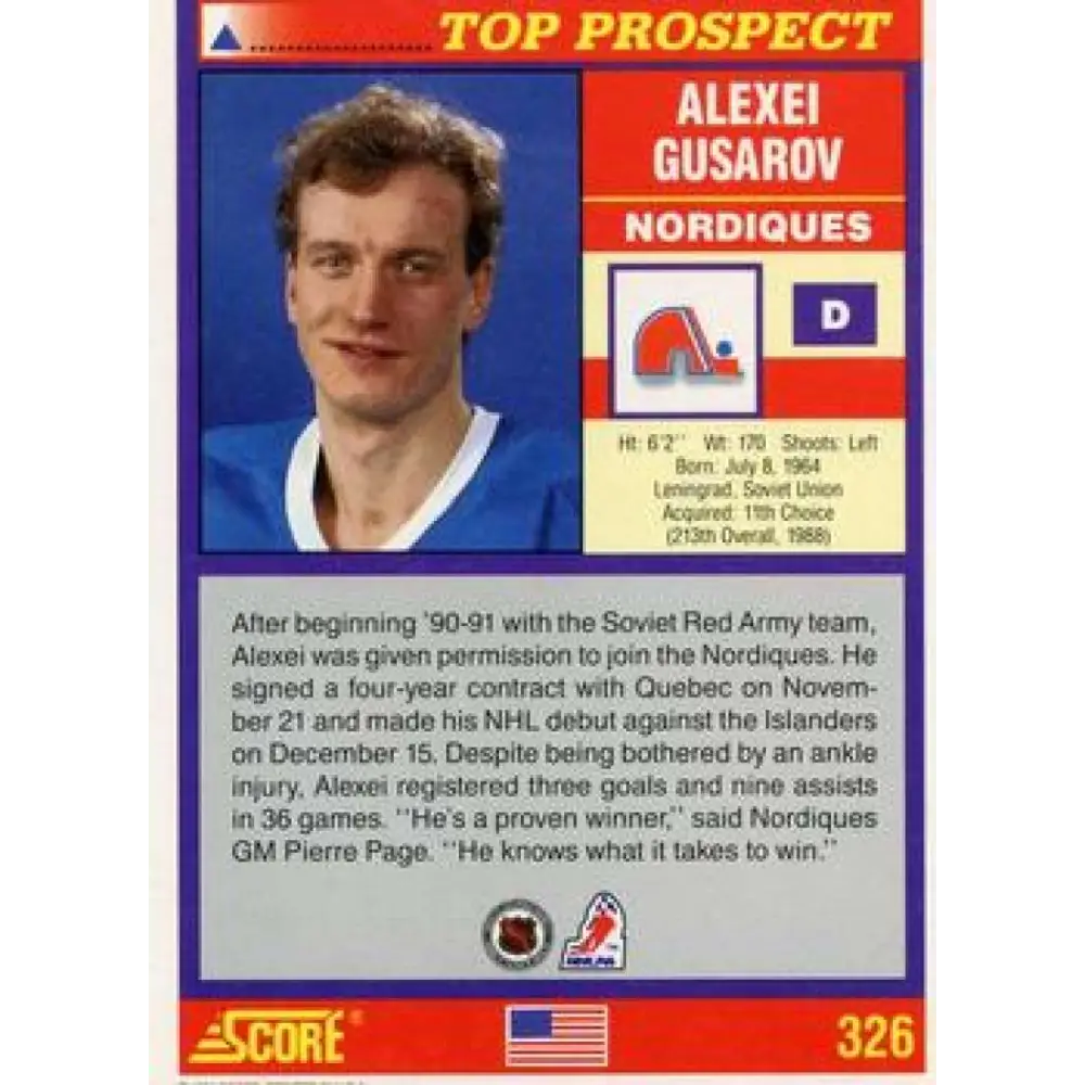 1991-92 Score American #326 Alexei Gusarov NM-MT RC Rookie Quebec Nordiques Hockey Card Image 2