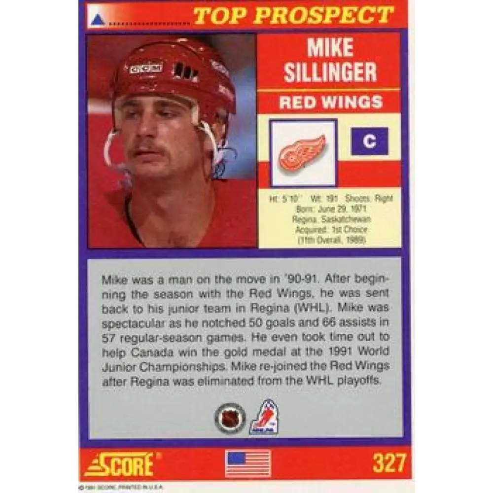 1991-92 Score American #327 Mike Sillinger NM-MT Detroit Red Wings Hockey Card Image 2