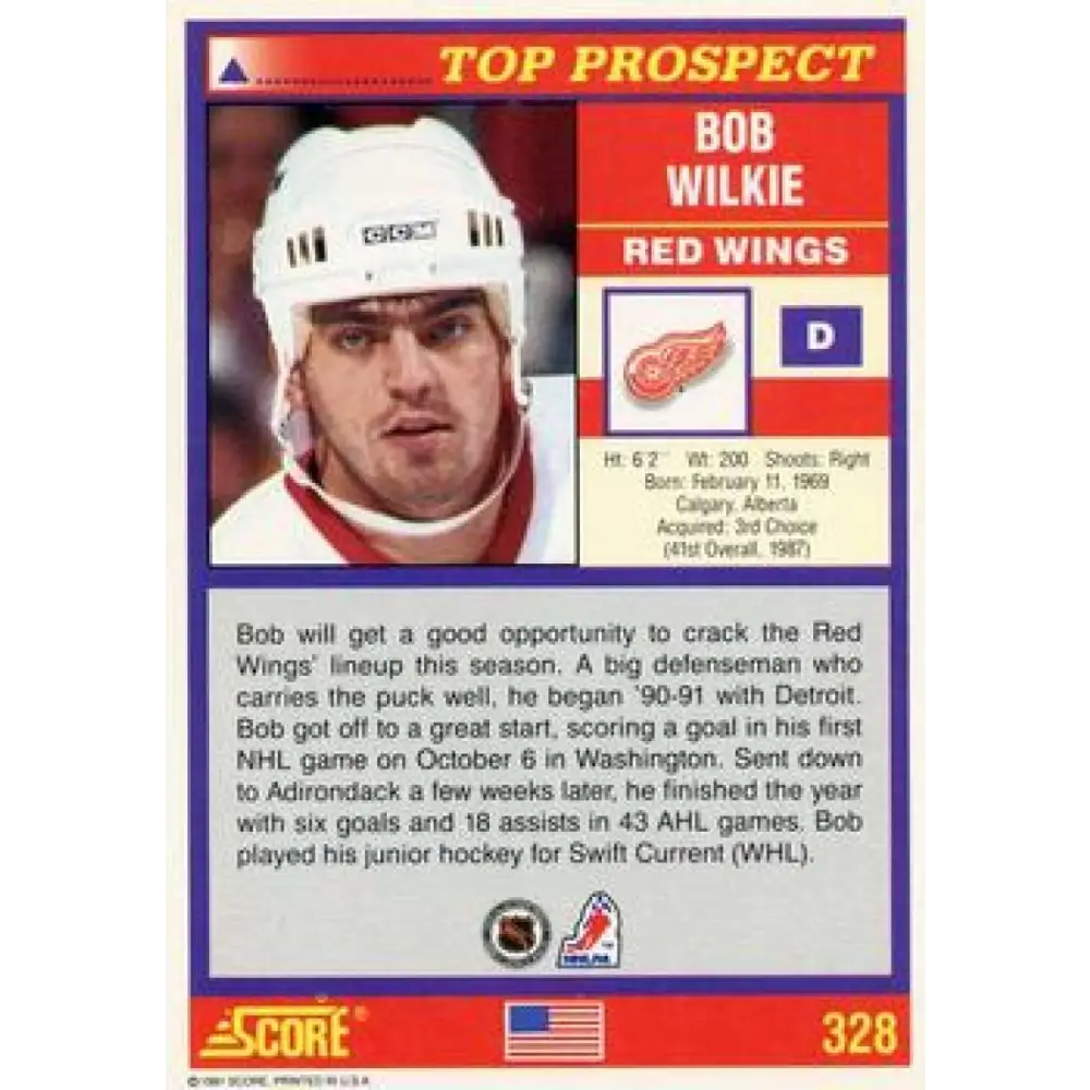 1991-92 Score American #328 Bob Wilkie NM-MT Detroit Red Wings Hockey Card Image 2