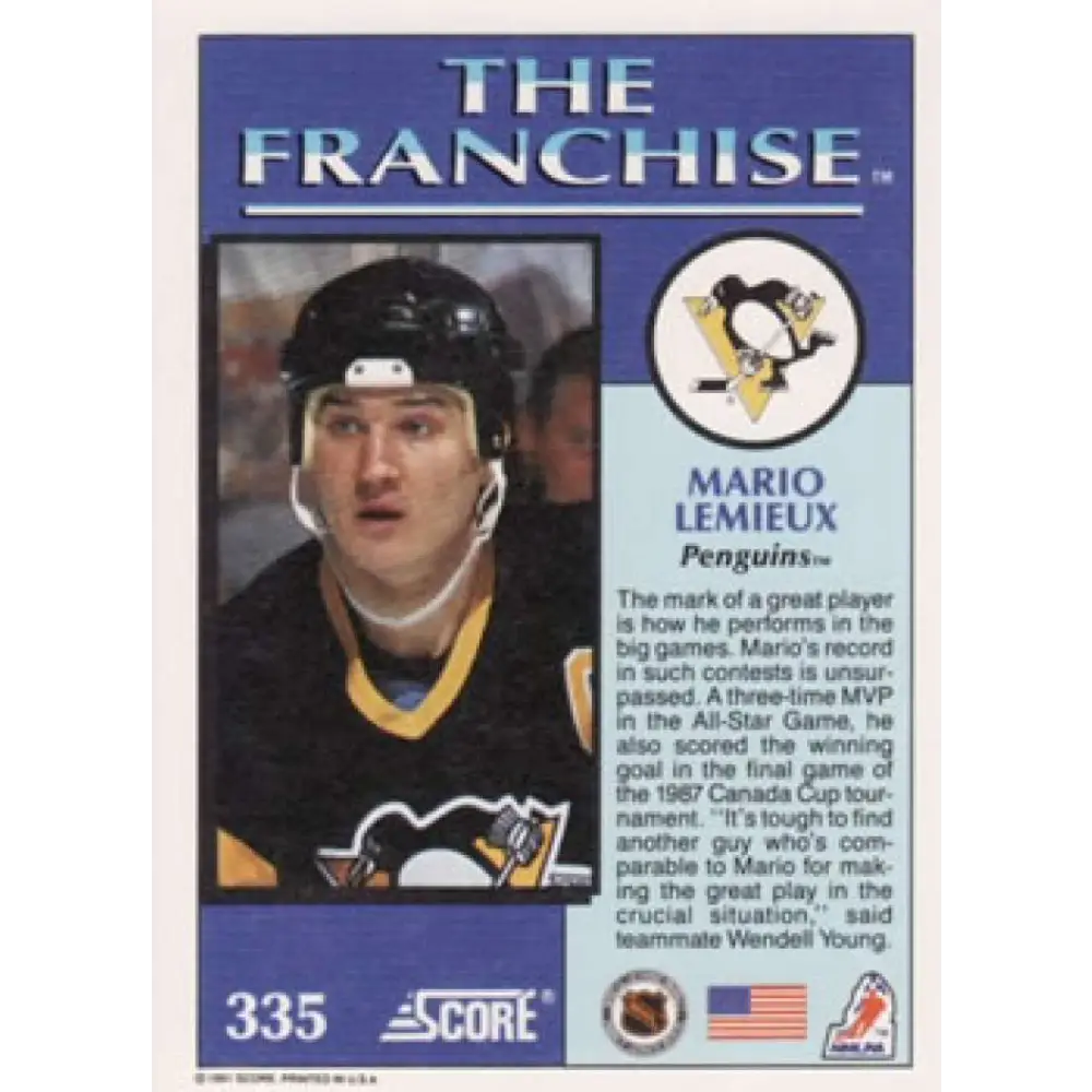 1991-92 Score American #335 Mario Lemieux NM-MT Pittsburgh Penguins Hockey Card Image 2