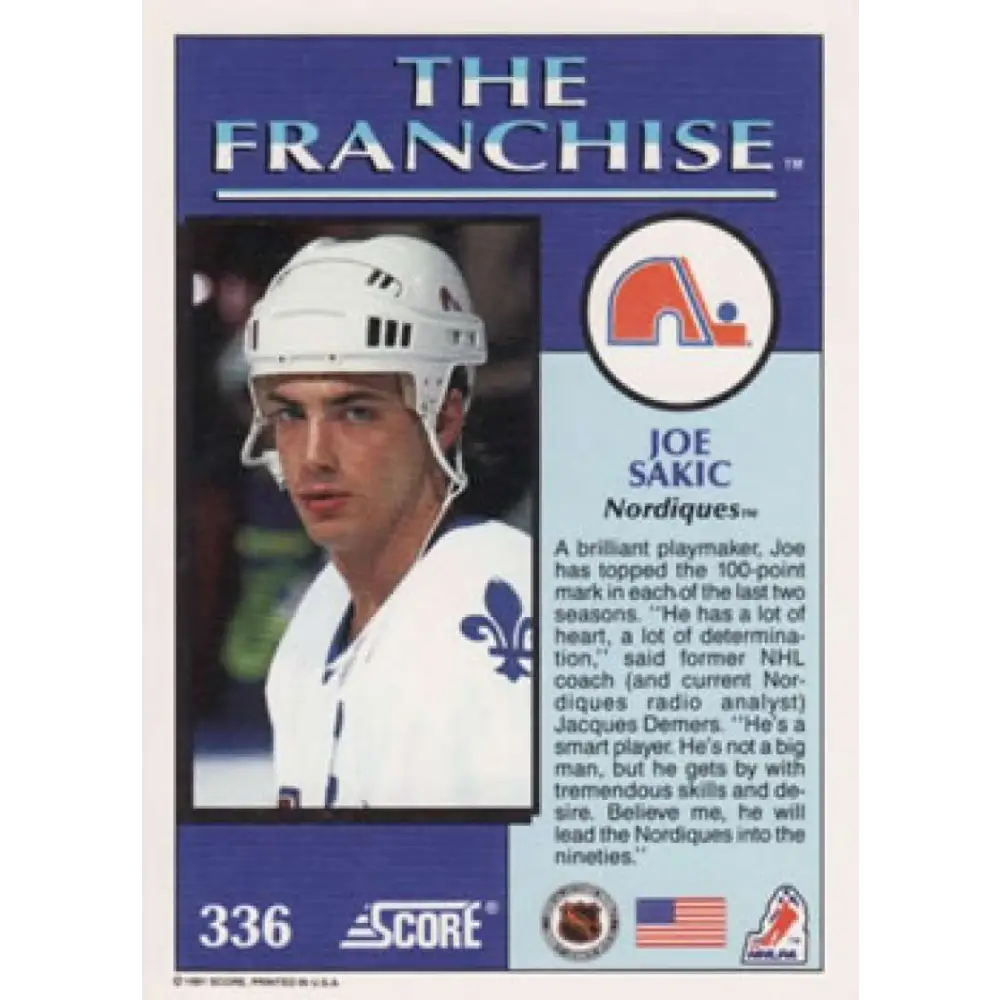 1991-92 Score American #336 Joe Sakic NM-MT Quebec Nordiques Hockey Card Image 2