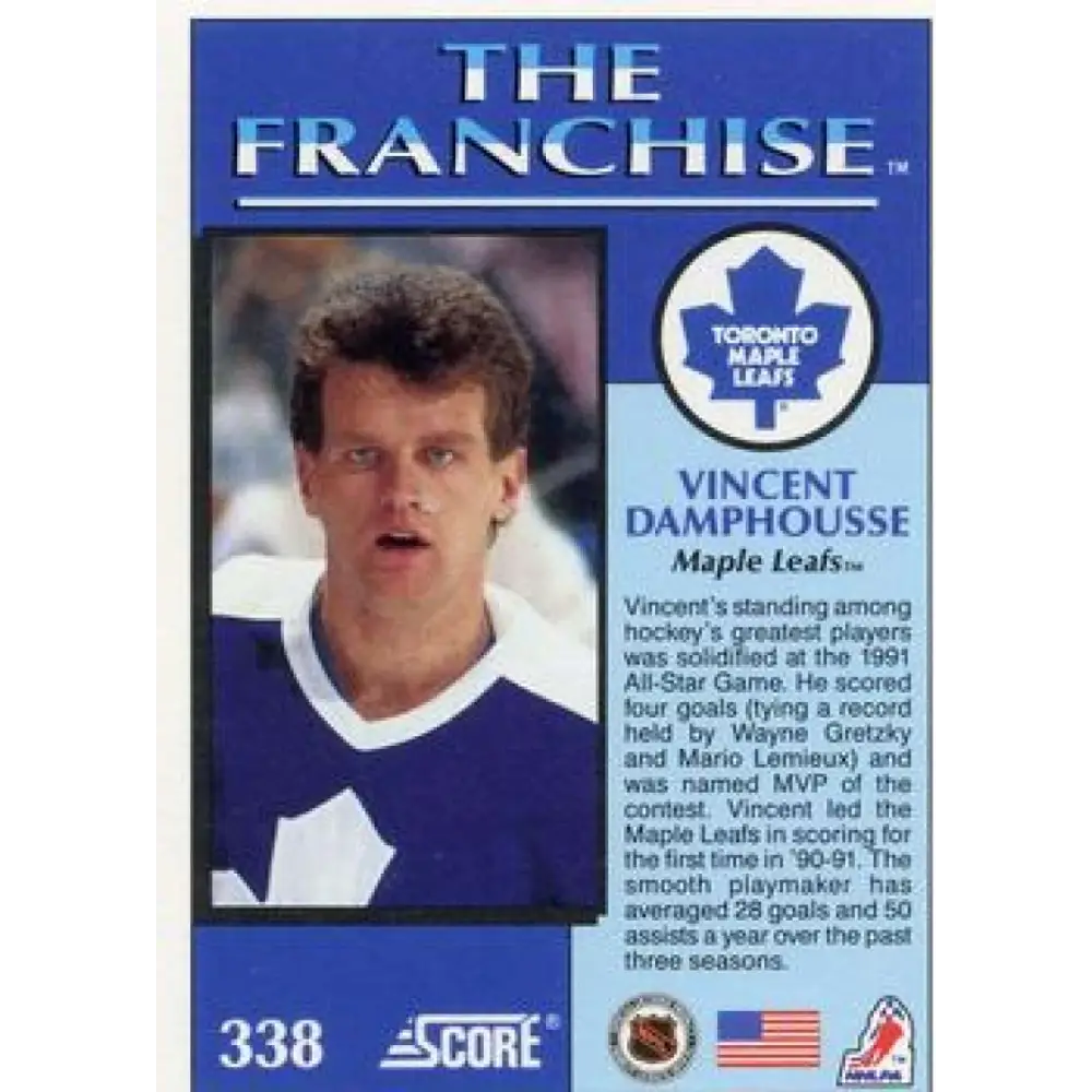 1991-92 Score American #338 Vincent Damphousse NM-MT Toronto Maple Leafs Hockey Card Image 2