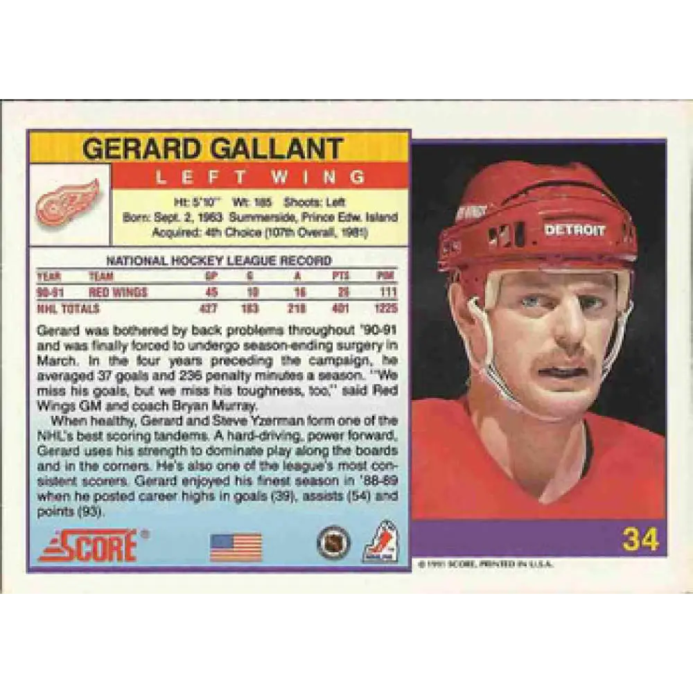1991-92 Score American #34 Gerard Gallant NM-MT Detroit Red Wings Hockey Card Image 2