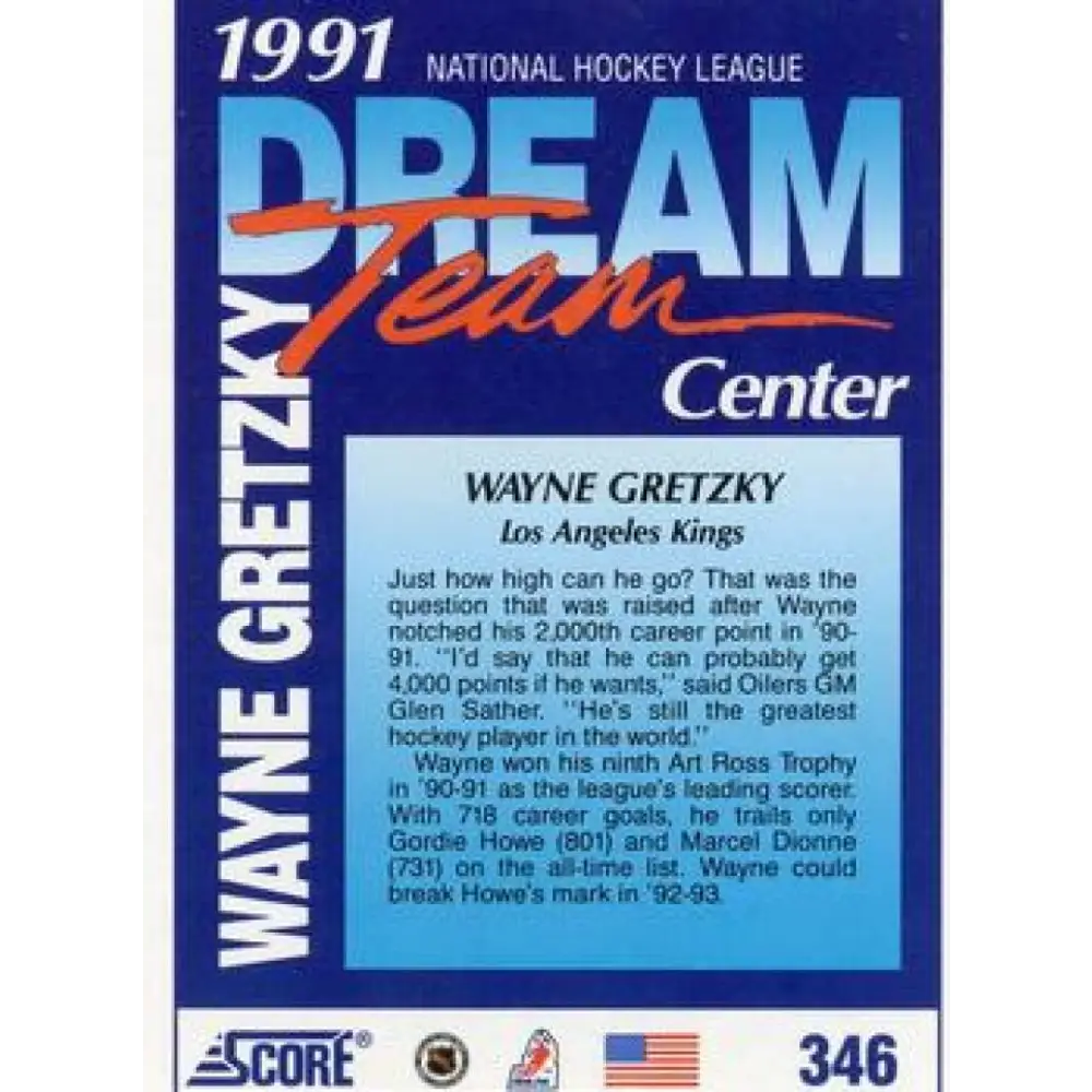 1991-92 Score American #346 Wayne Gretzky NM-MT Los Angeles Kings Hockey Card Image 2
