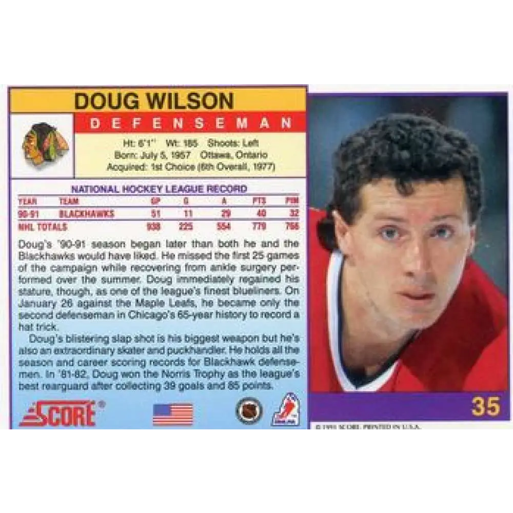 1991-92 Score American #35 Doug Wilson NM-MT Chicago Blackhawks Hockey Card Image 2