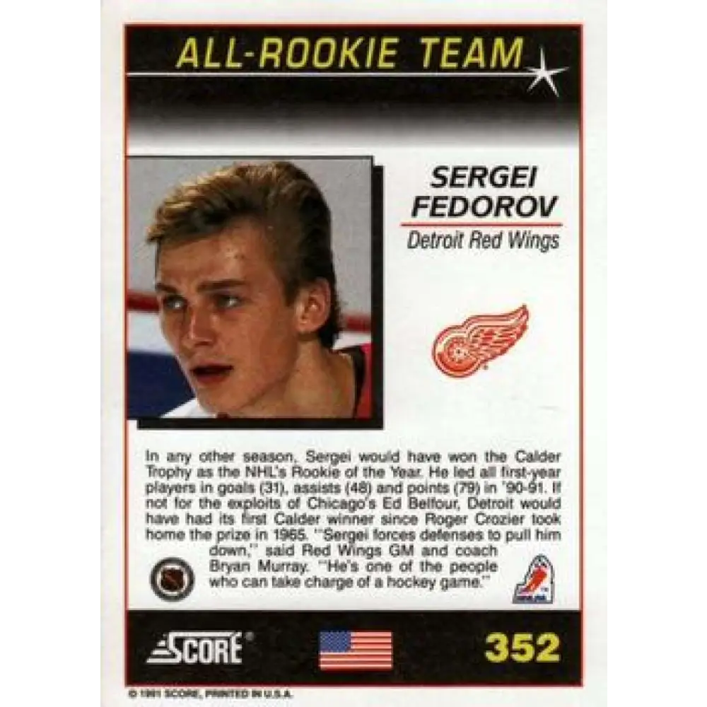 1991-92 Score American #352 Sergei Fedorov NM-MT Detroit Red Wings Hockey Card Image 2