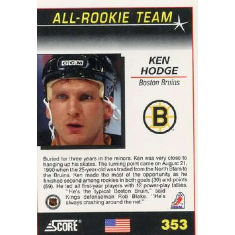 1991-92 Score American #353 Ken Hodge Jr. NM-MT Boston Bruins Hockey Card Image 2