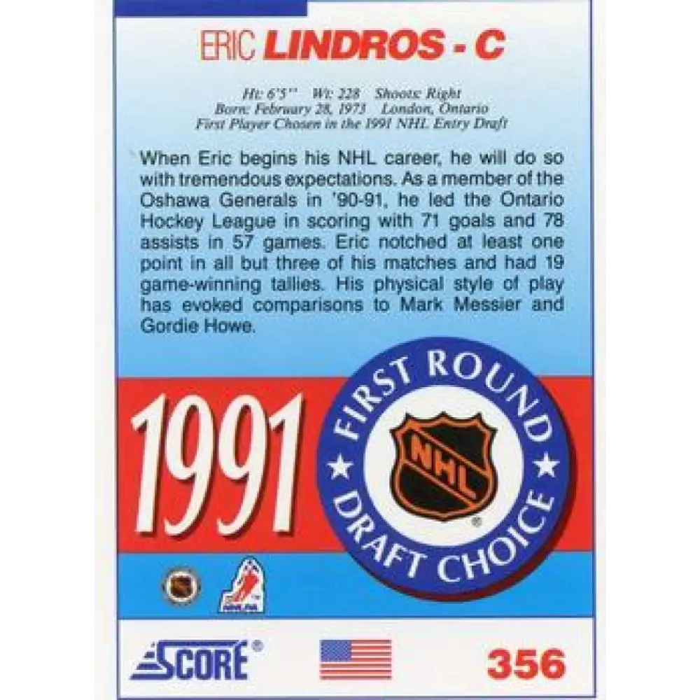 1991-92 Score American #356 Eric Lindros NM-MT Hockey Card Image 2