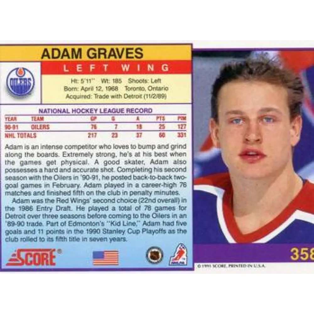 1991-92 Score American #358 Adam Graves NM-MT Edmonton Oilers Hockey Card Image 2