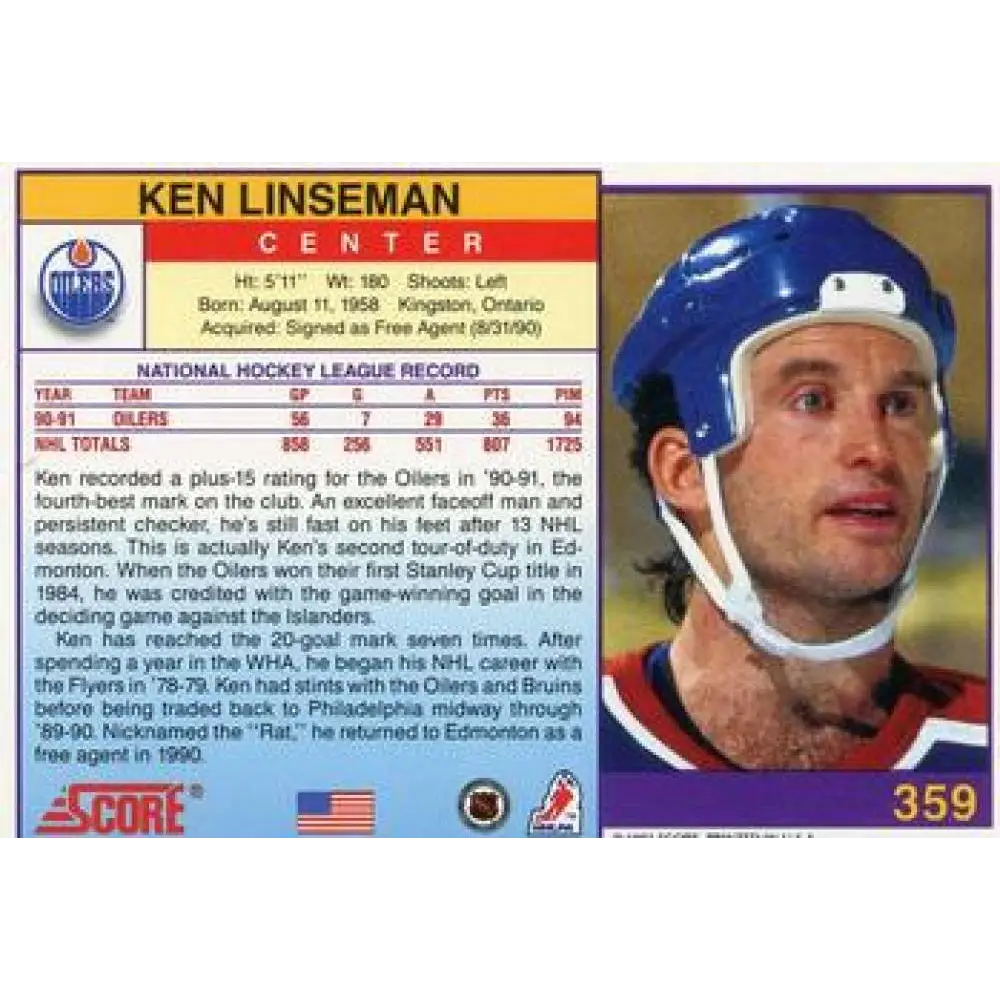 1991-92 Score American #359 Ken Linseman NM-MT Edmonton Oilers Hockey Card Image 2