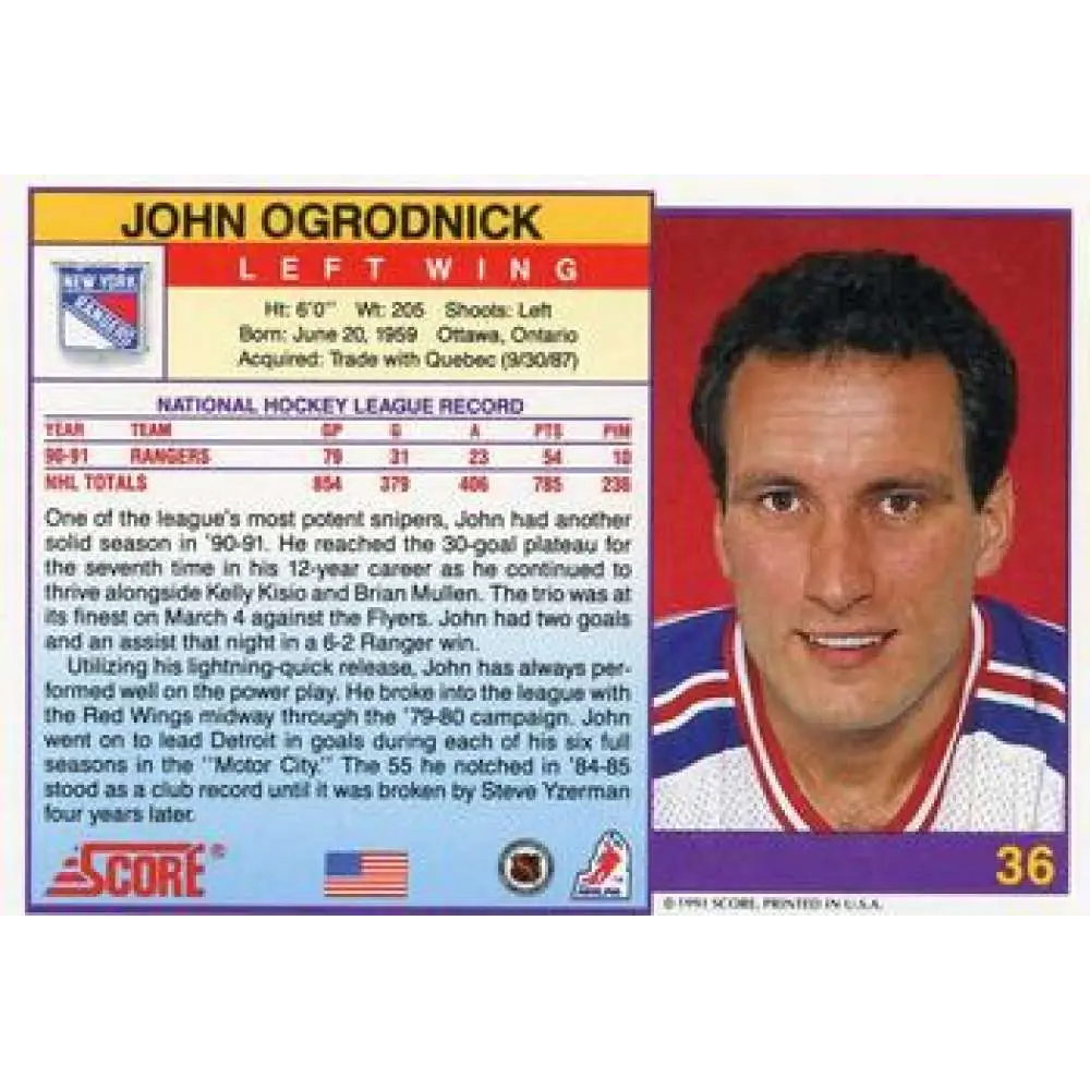 1991-92 Score American #36 John Ogrodnick NM-MT New York Rangers Hockey Card Image 2