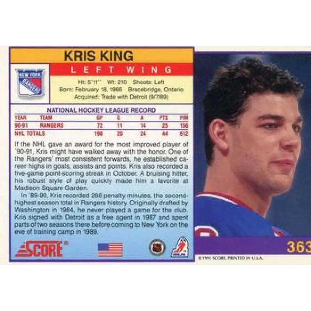 1991-92 Score American #363 Kris King NM-MT New York Rangers Hockey Card Image 2