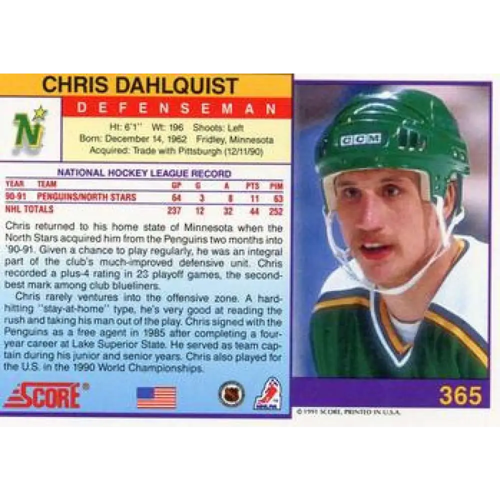 1991-92 Score American #365 Chris Dahlquist NM-MT Minnesota North Stars Hockey Card Image 2