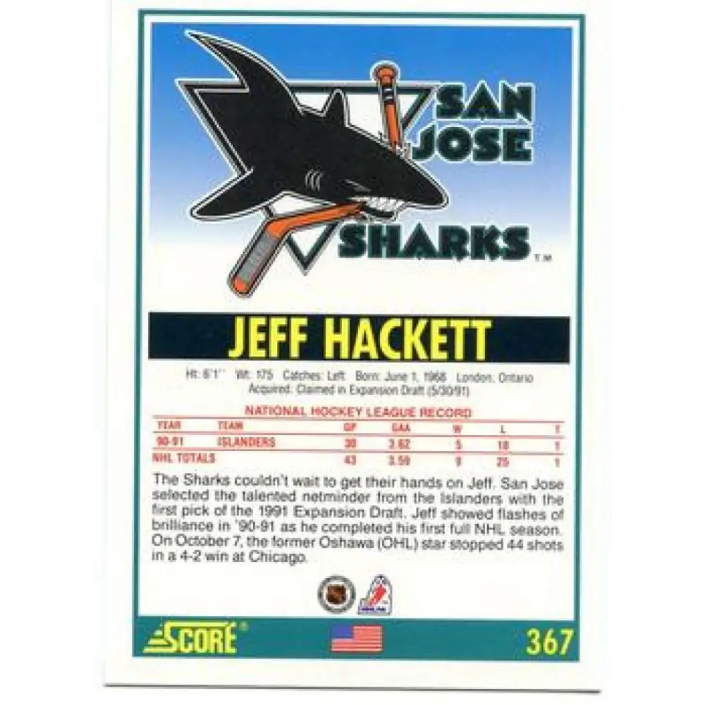 1991-92 Score American #367 Jeff Hackett NM-MT San Jose Sharks Hockey Card Image 2