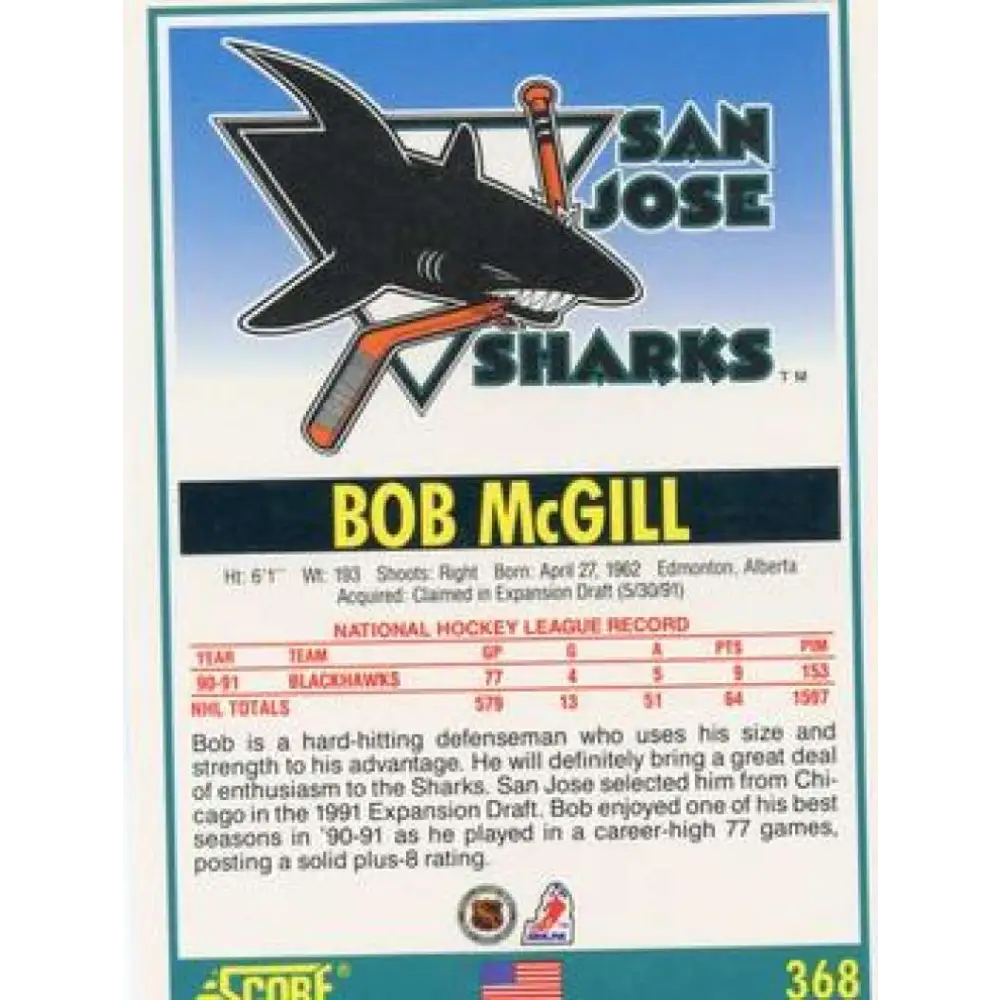 1991-92 Score American #368 Bob McGill NM-MT San Jose Sharks Hockey Card Image 2