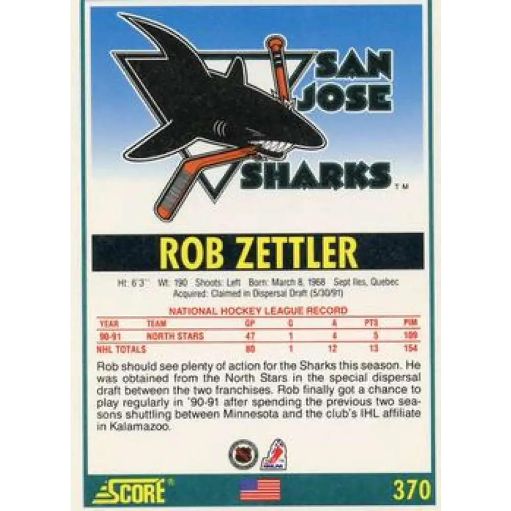 1991-92 Score American #370 Rob Zettler NM-MT San Jose Sharks Hockey Card Image 2