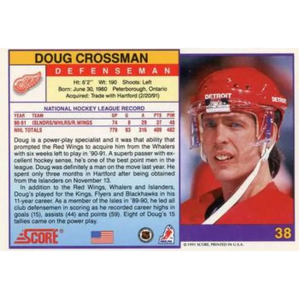 1991-92 Score American #38 Doug Crossman NM-MT Detroit Red Wings Hockey Card Image 2