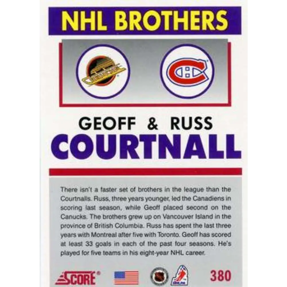 1991-92 Score American #380 Geoff Courtnall/Russ Courtnall NM-MT Vancouver Canucks Hockey Card Image 2