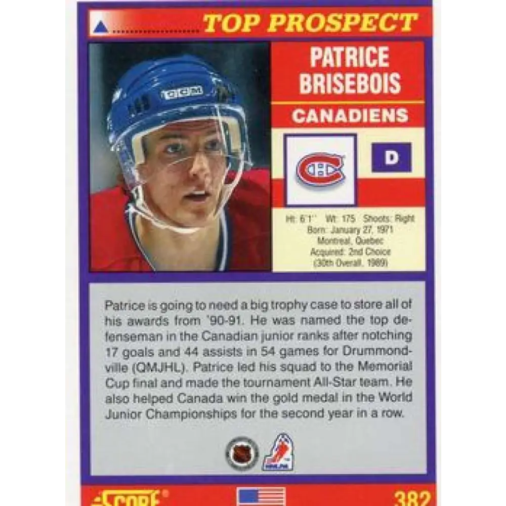 1991-92 Score American #382 Patrice Brisebois NM-MT Montreal Canadiens Hockey Card Image 2