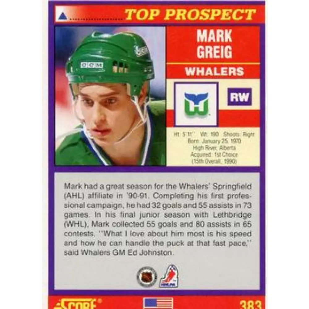 1991-92 Score American #383 Mark Greig NM-MT Hartford Whalers Hockey Card Image 2
