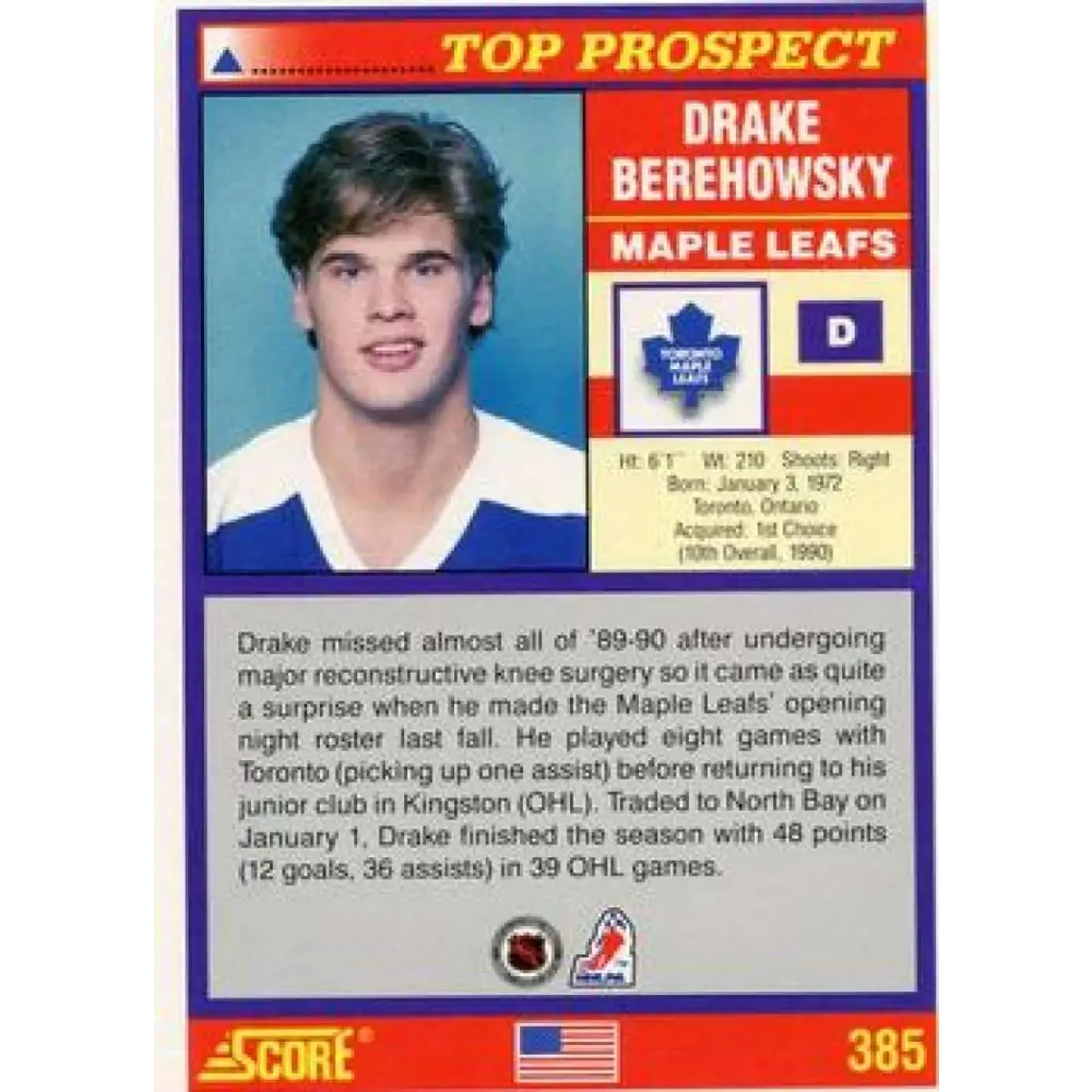 1991-92 Score American #385 Drake Berehowsky NM-MT Toronto Maple Leafs Hockey Card Image 2
