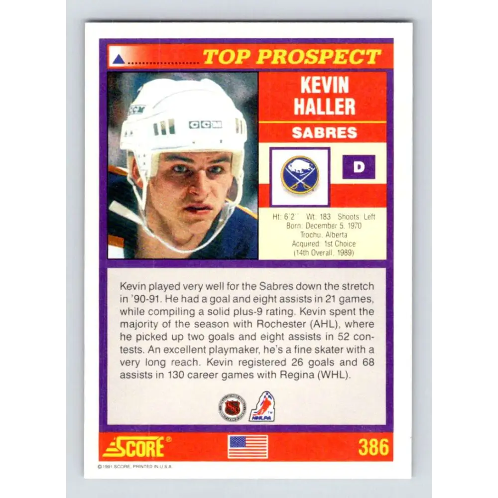 1991-92 Score American #386 Kevin Haller NM-MT RC Rookie Buffalo Sabres Hockey Card Image 2