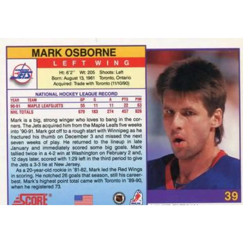 1991-92 Score American #39 Mark Osborne NM-MT Winnipeg Jets Hockey Card Image 2