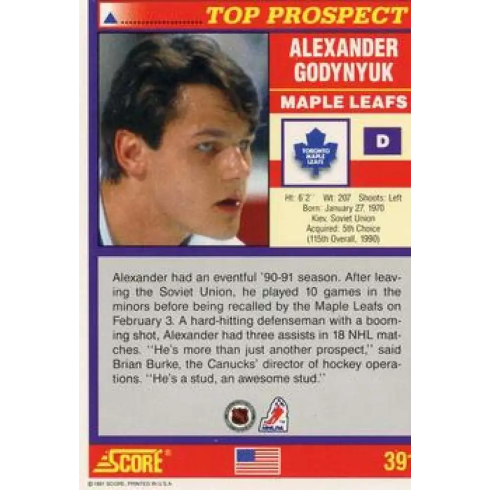 1991-92 Score American #391 Alexander Godynyuk NM-MT Toronto Maple Leafs Hockey Card Image 2